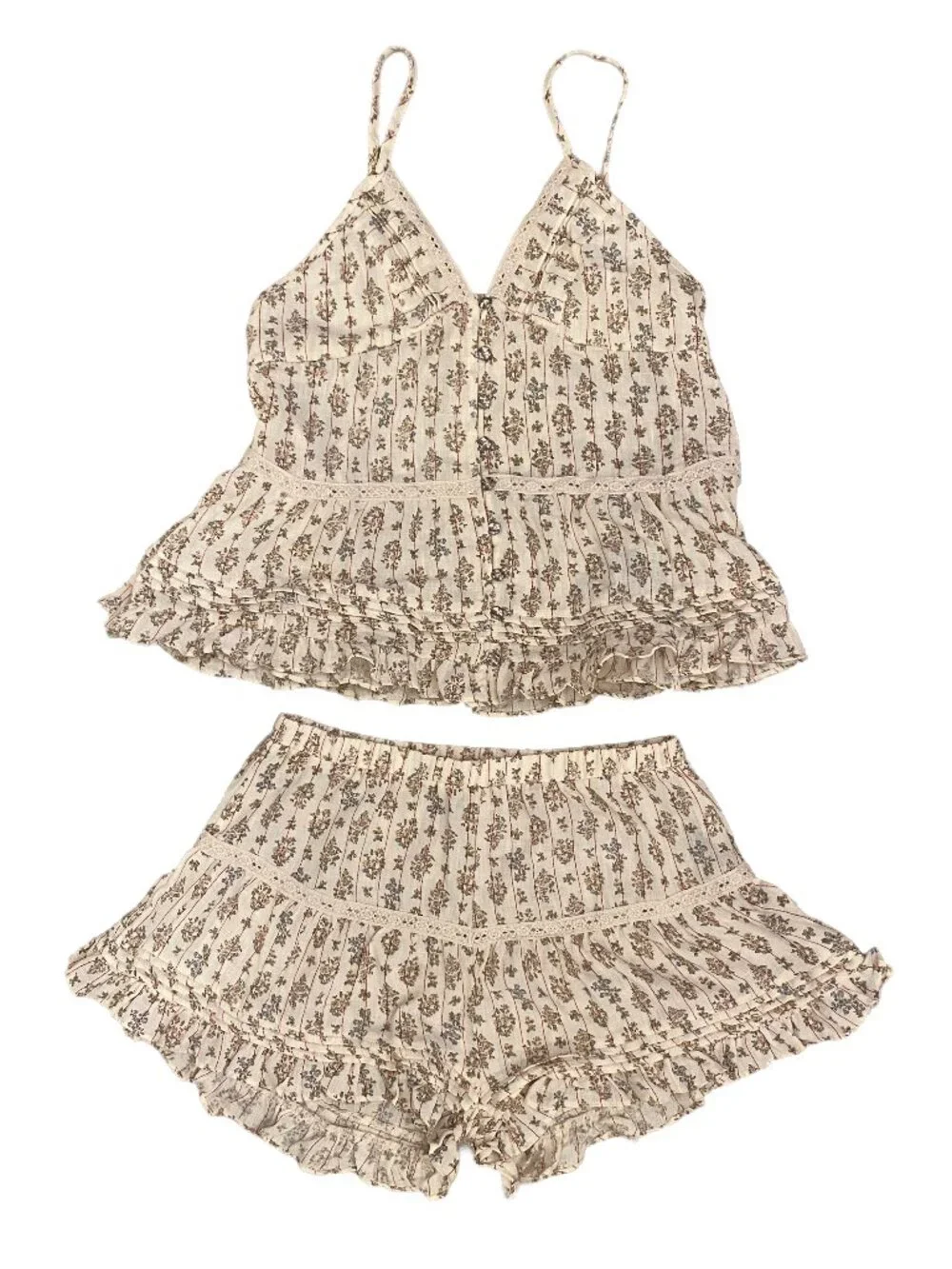 POL Clothing Floral Ruffle Pintuck Shorts & Cami Tank Set S Cottagecore Boho